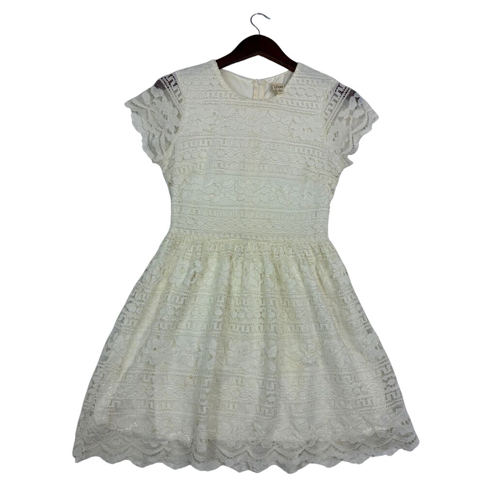 IJOAH Womens M Ivory Lace Fit Flare Dress Short Sleeve Crochet Floral Party